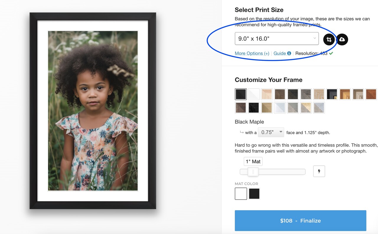 Print and frame a photo size selection