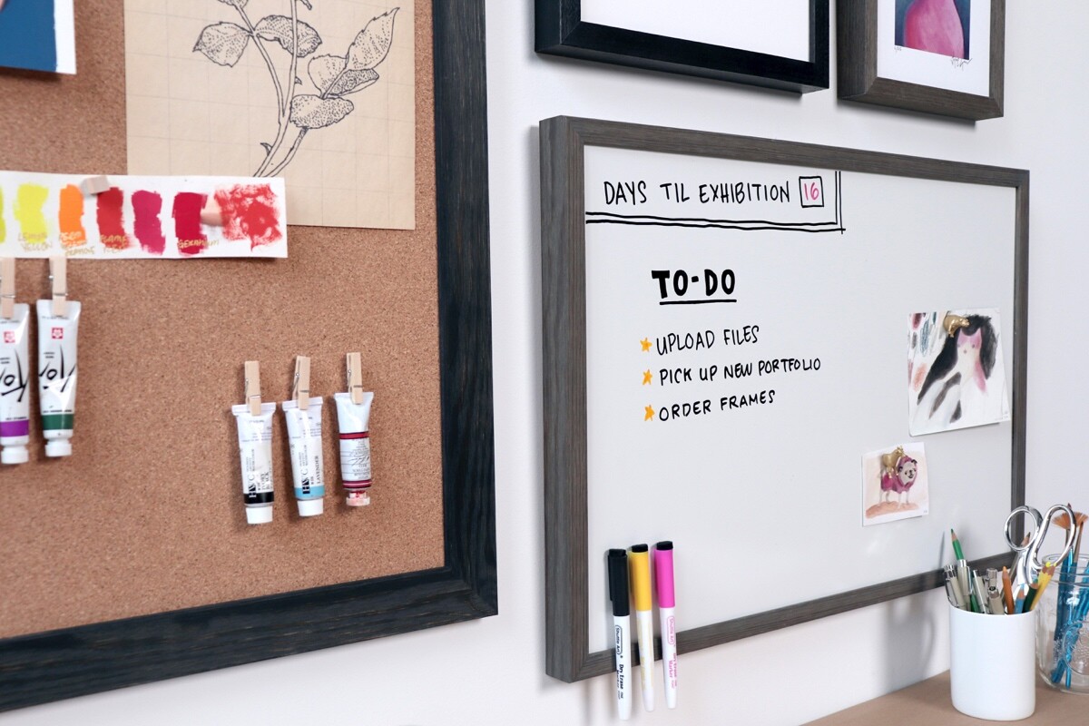 Custom framed white chalk and cork boards - Level Frames