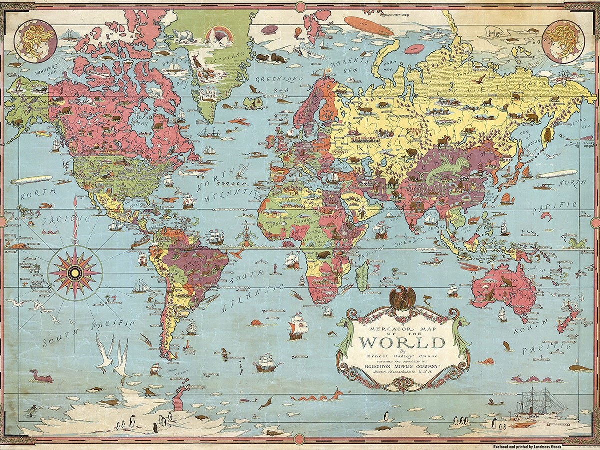 PICTORAL WORLD MAP 1930s - custom framed artwork