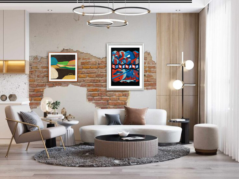 Brick accent wall with framed art