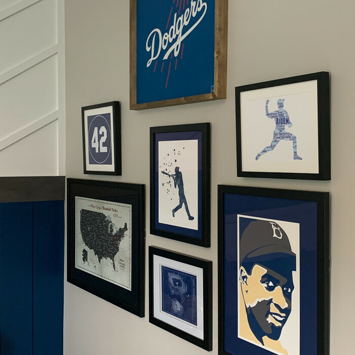 Galley wall of frames in tribute to the great Jackie Robinson
