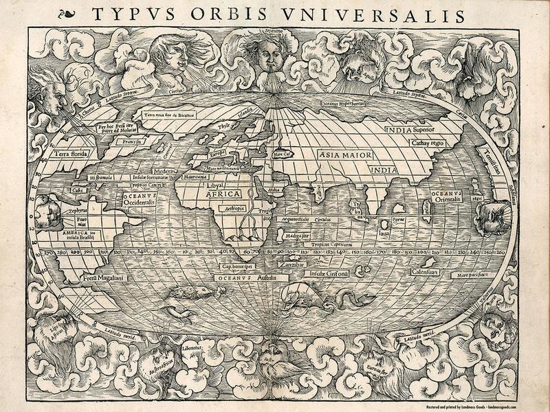 1500'S WOODCUT WORLD MAP - custom framed artwork