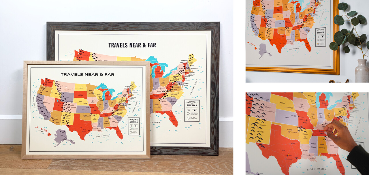 Framed map with push pins - the Level Frames Travel Tracker